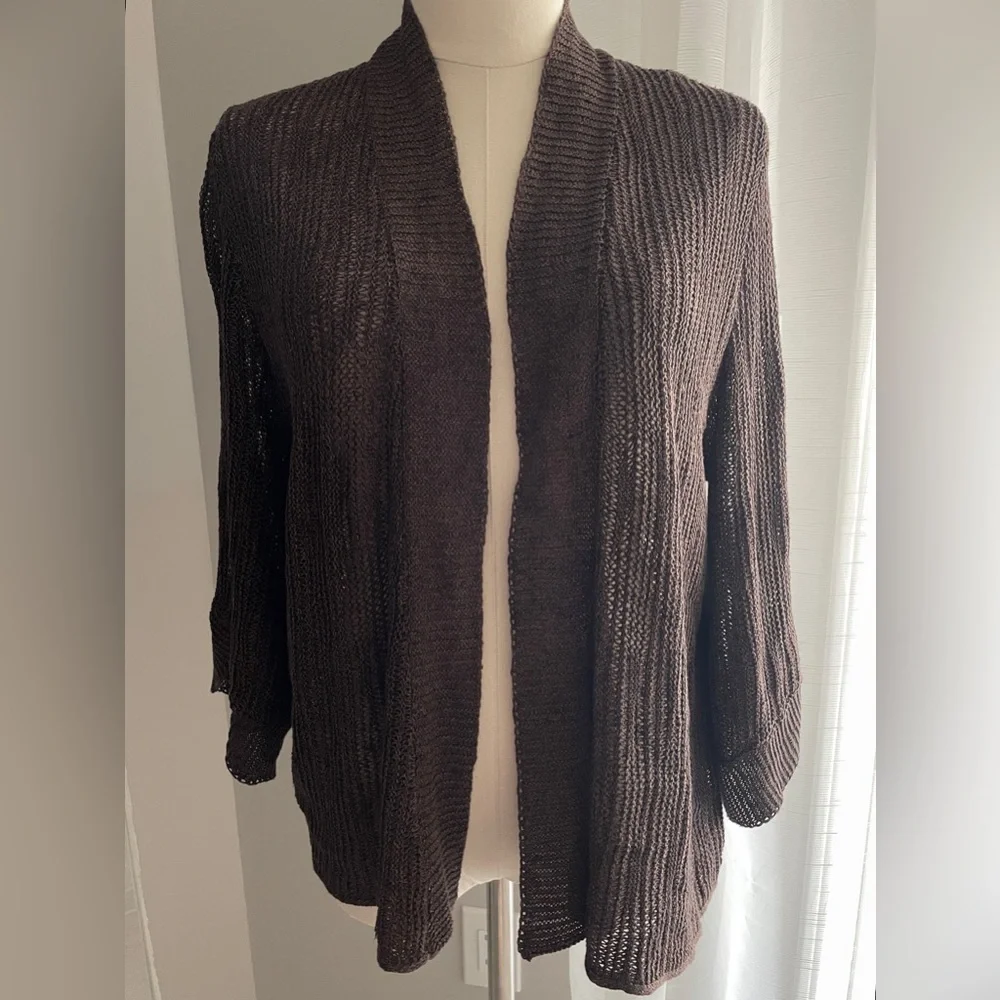 Eileen Fisher Brown Open Front Lightweight Cardigan Silk & Linen Blend Medium - Picture 1 of 10